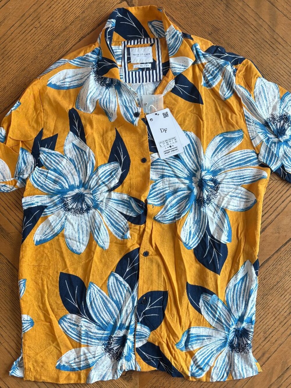 Denim & Flower Ricky Singh Mustard and Navy Hawaiian Shirt Men's L - NWT